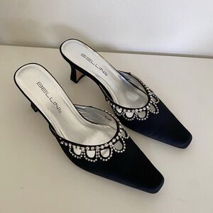 Bellini Black Satin Crystal-Trim Kitten Heel Mules